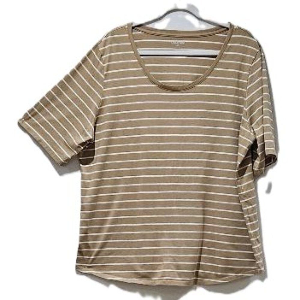 New LANDS END COTTON TAN & WHITE STRIPE SCOOP NECK SHORT SLEEVE TEE TOP  1X - 2X